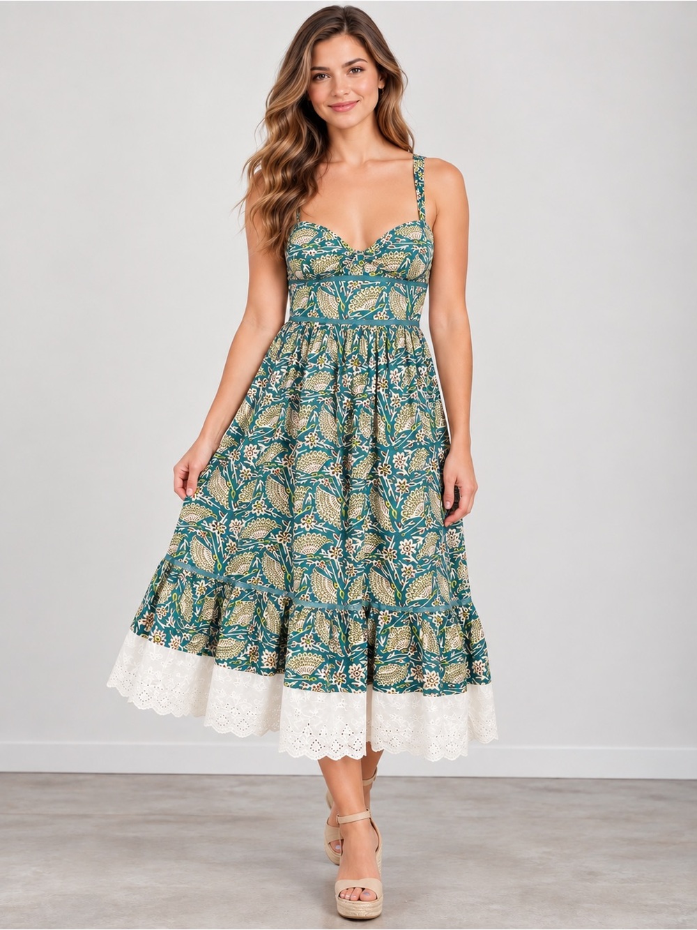 Free People Vintage Boho Floral Cotton Midi Sundress Size 12 Teal Eyelet LaceHem